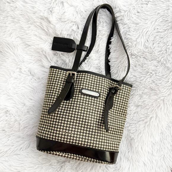 RALPH LAUREN | Classic Black Cream Beige Coated Fabric Houndstooth Bag Vintage - Picture 1 of 9
